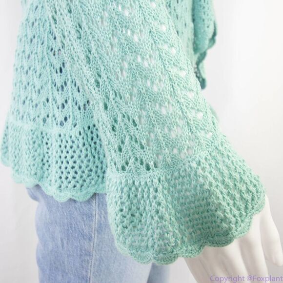 Pointelle green linen cotton blend cardigan sweater, size M - Picture 10 of 16